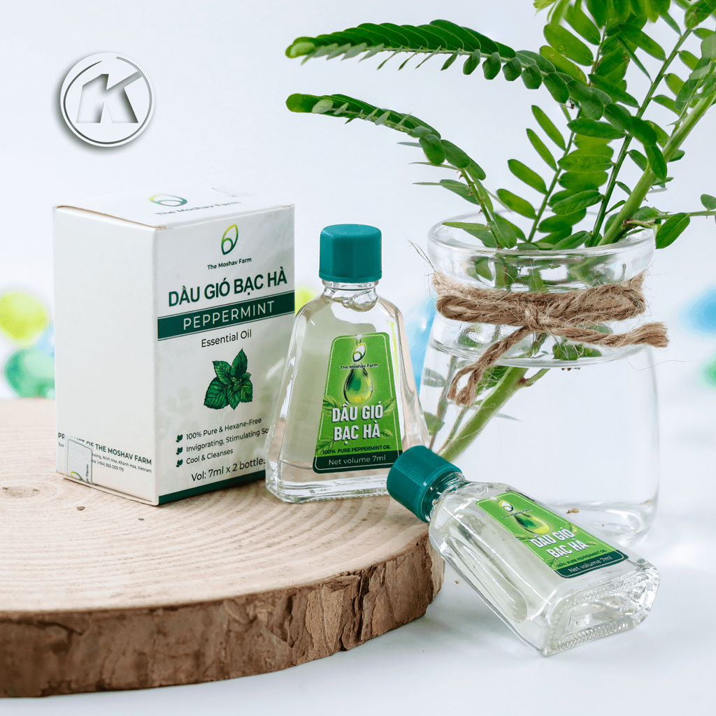 Dầu Gió Bạc Hà The Moshav Farm - Chiết Xuất Từ 100% Lá Bạc Hà Tươi Giảm Đau Đầu, Chống Say Tàu Xe , Sảng Khoái Tinh Thần, Tập Trung Cao Độ - Hộp 2 Chai 7ml