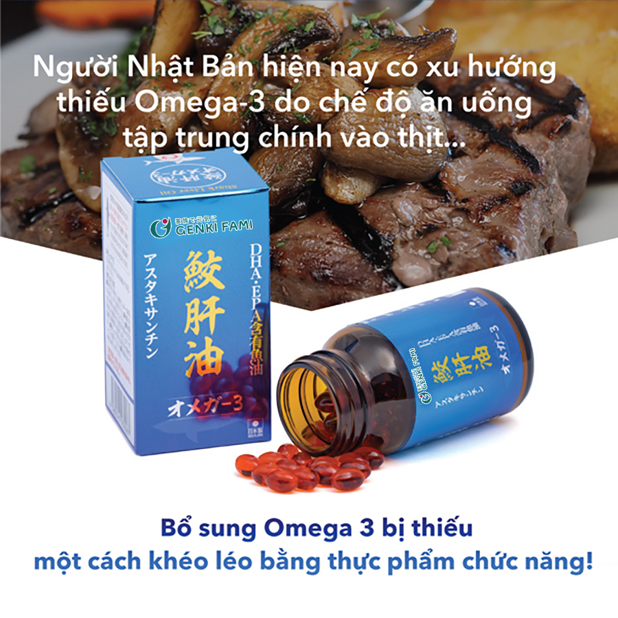Combo Viên Uống Dầu Gan Cá Mập Omega 3, Bổ Mắt, Bổ Não, Tốt Cho Tim Mạch, Genki Fami Nhật Bản Hộp 90 Viên