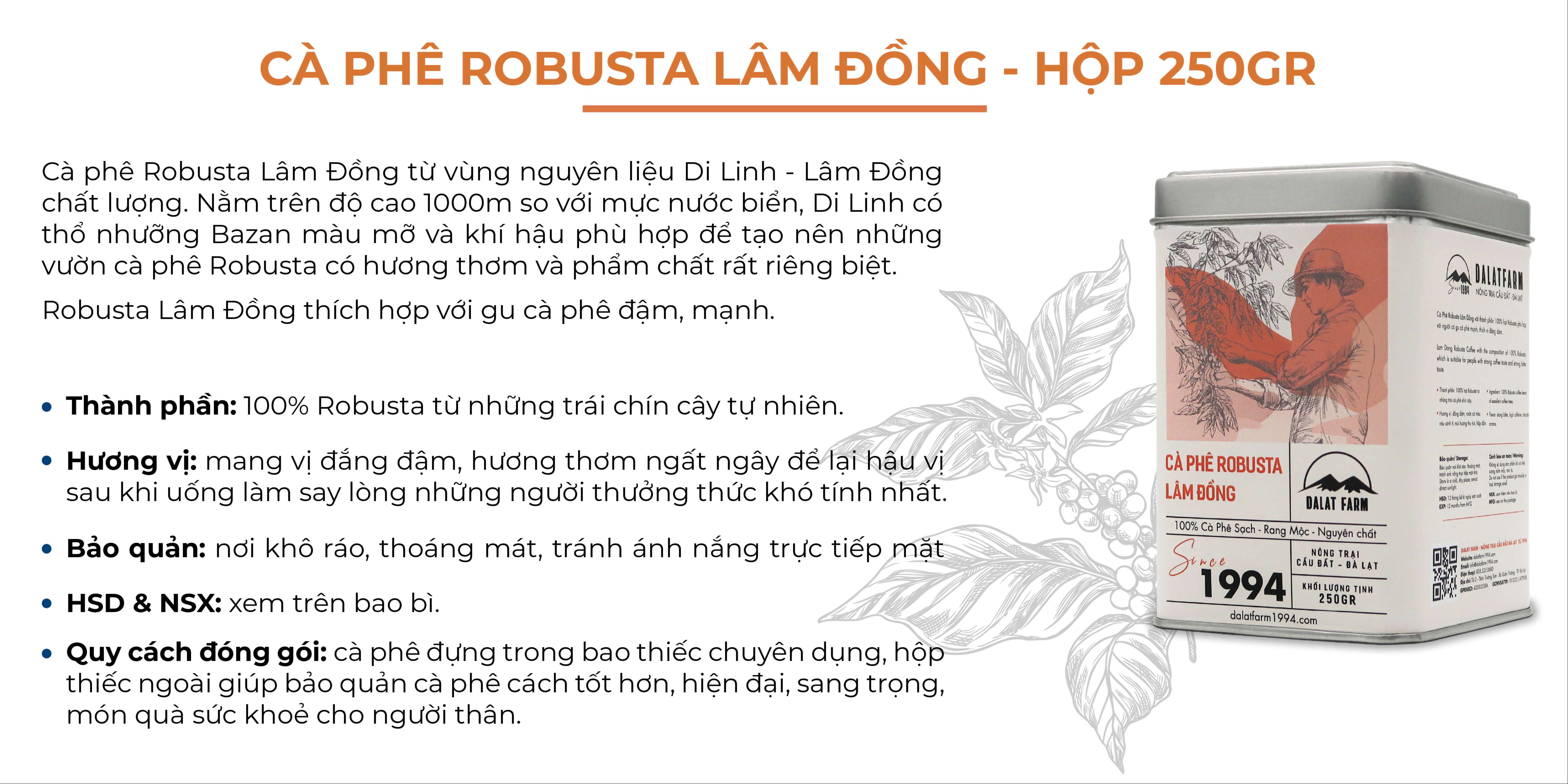 Cà Phê Robusta Lâm Đồng Rang Mộc Nguyên Chất- Hộp 250Gr (Dạng Bột)
