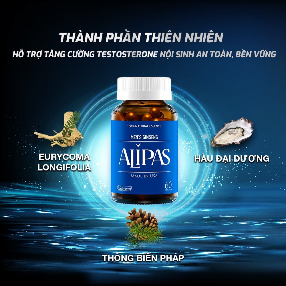 [Tặng Hộp 15v] Combo 4 Hộp 30v - Viên Uống Hỗ Trợ Sinh Lý Nam ALIPAS Ecogreen Tăng Cường Testosterone, Chứa Tinh Chất Hàu