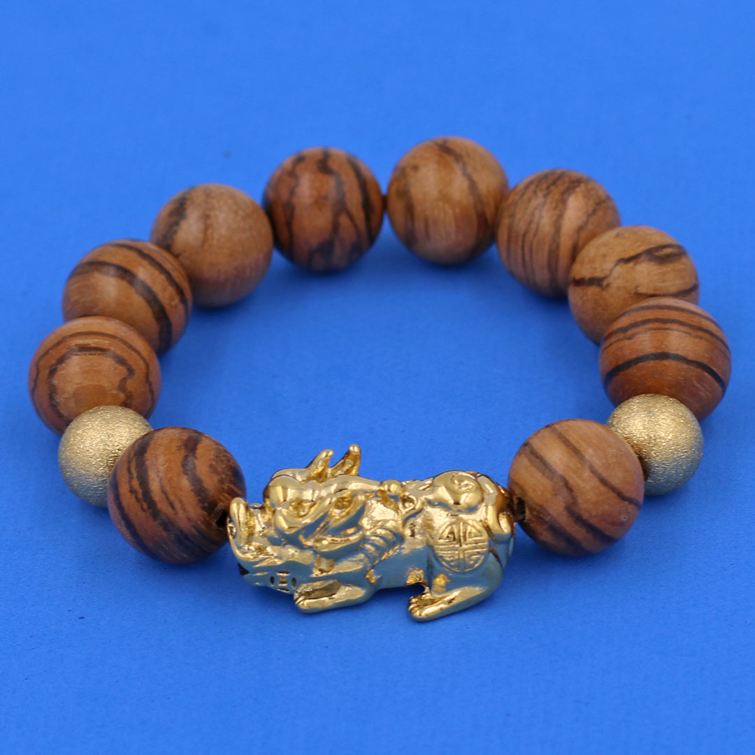 Chuỗi tay Gỗ Huỳnh Đàn 15 ly - Vòng tay Tỳ Hưu inox vàng VGHUDTHHBV15 - Vòng đeo tay size lớn, phù hợp cho nam