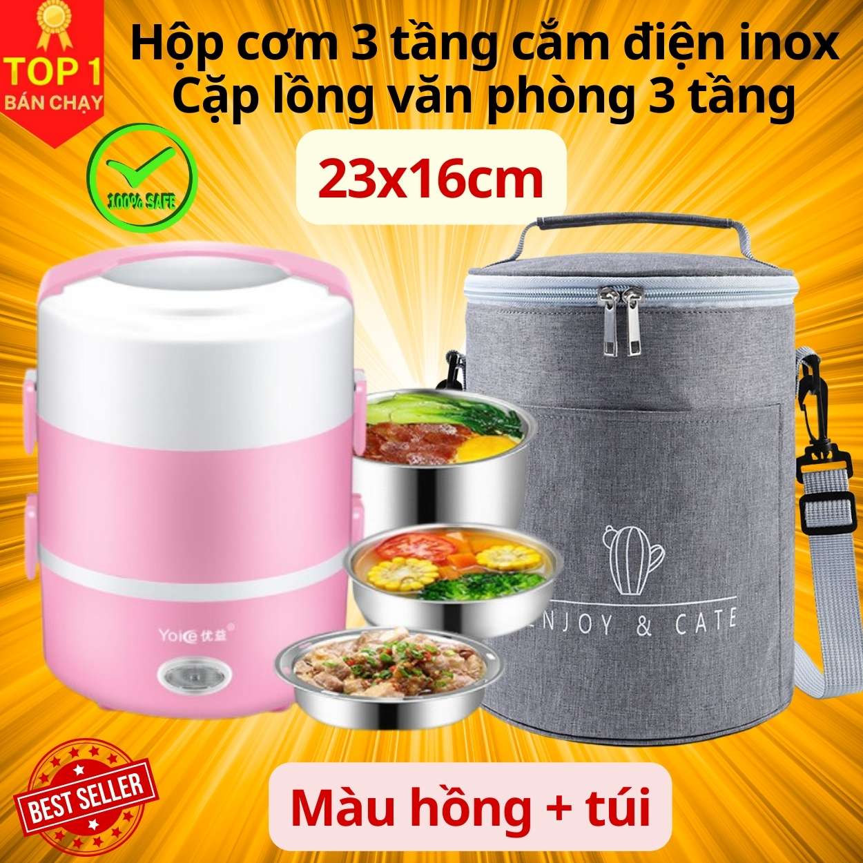 Bộ Hộp Cơm Giữ Nhiệt Văn Phòng Cao Cấp Cắm Điện inox 3 tầng - Chính Hãng