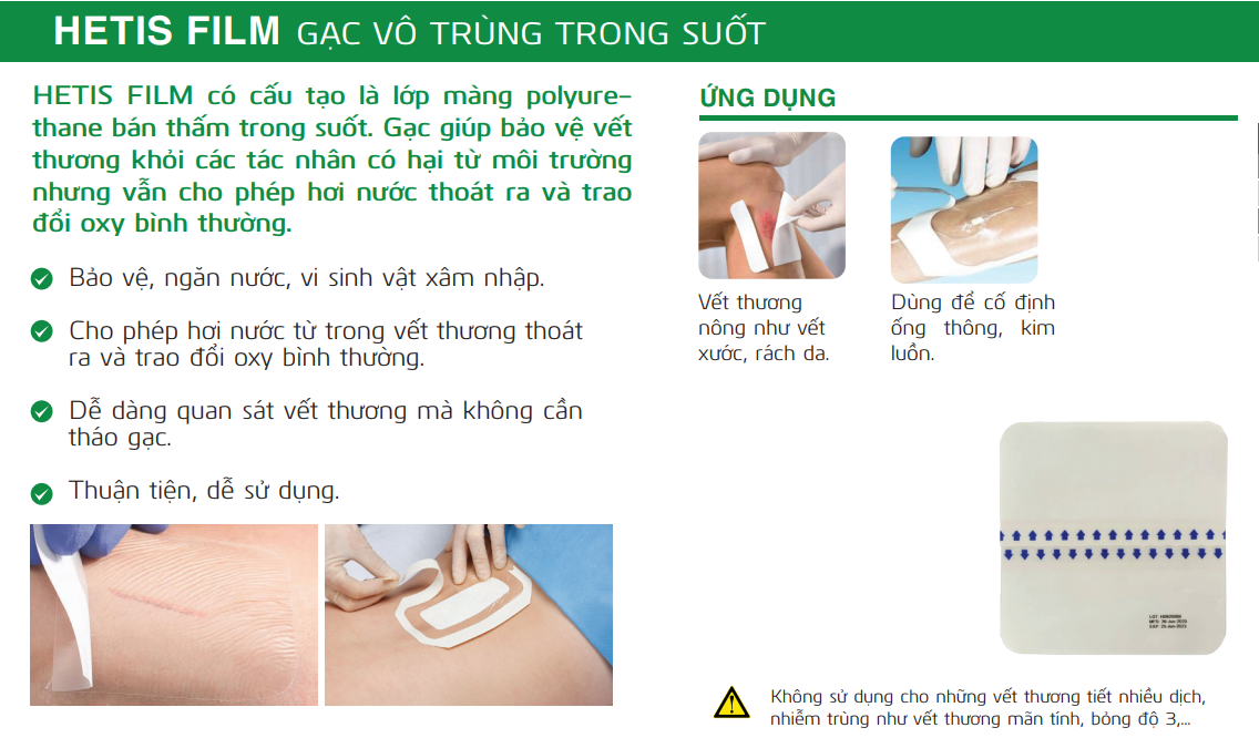 Hộp Gạc vô trùng chống thấm nước HETIS Film HTF 100100-R (Hộp 10 miếng 10x10cm) - Bảo vệ vết thương chống nhiễm trùng 3