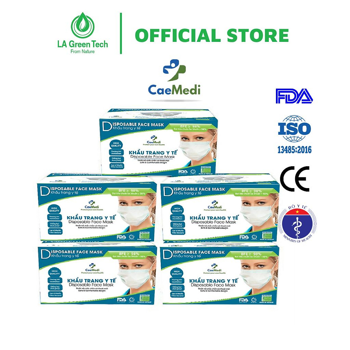 COMBO 5 HỘP Khẩu trang y tế CAEMEDI 3 lớp TRẮNG Cao cấp, kháng khuẩn, lọc bụi bẩn đạt chuẩn BFE, FDA xuất khẩu Hoa Kỳ - Hộp 50 cái