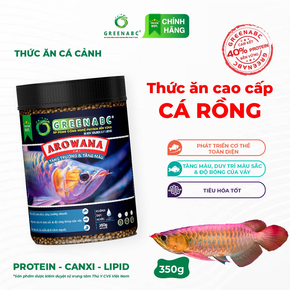 Thức ăn Cá Rồng GREENABC - Protein 40, tăng size, tăng màu, tăng đề kháng, vảy rực rỡ - Hộp 350g