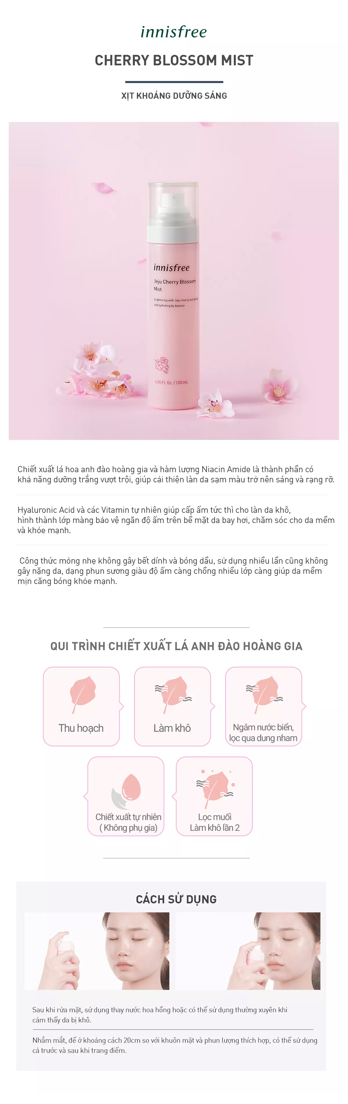 Xịt khoáng dưỡng sáng innisfree Jeju Cherry Blossom Mist 120 ml - 131172153