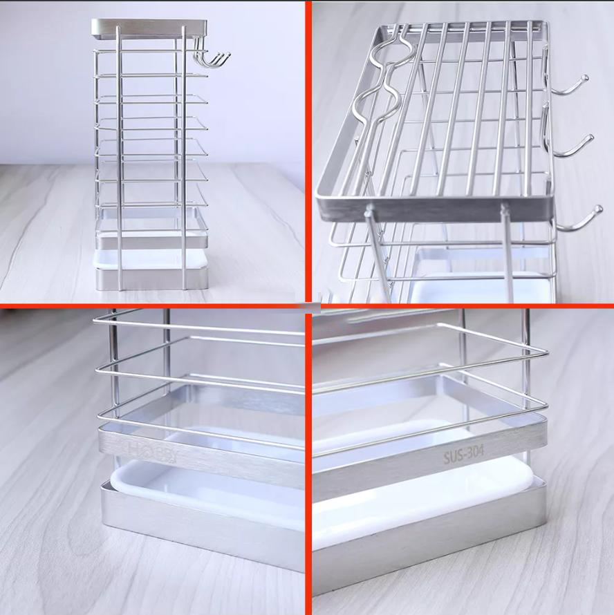 Kệ đựng dao kéo Inox kèm 3 móc treo và khay hứng nước - không rỉ sét