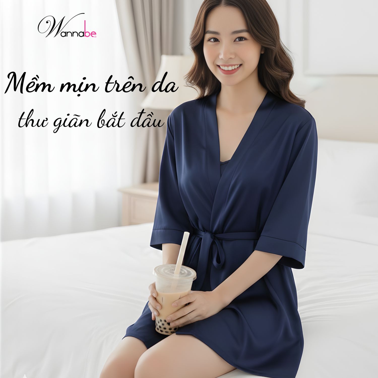 Áo choàng ngủ WANNABE KI010 áo khoác ngủ kimono dạng cơ bản trơn đơn giản dễ mặc sang trọng