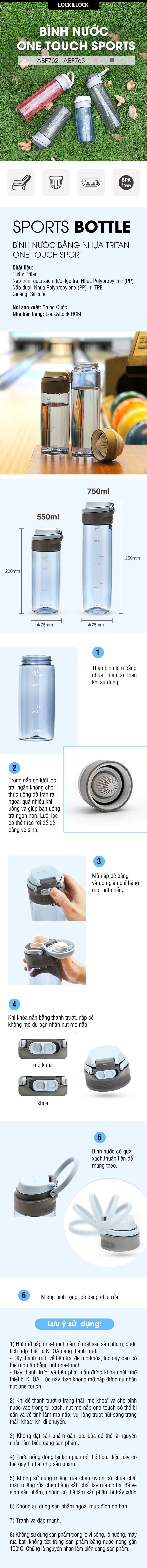 Bình Nước Bằng Nhựa Tritan One Touch Sport Lock&Lock ABF763GRY - Xám (750ml)
