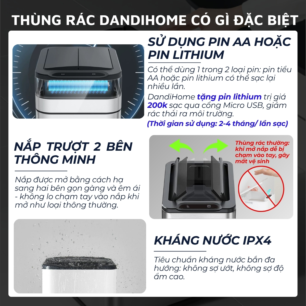 Thùng rác thông minh cảm ứng tự động đóng mở DandiHome - Tặng pin sạc Micro usb