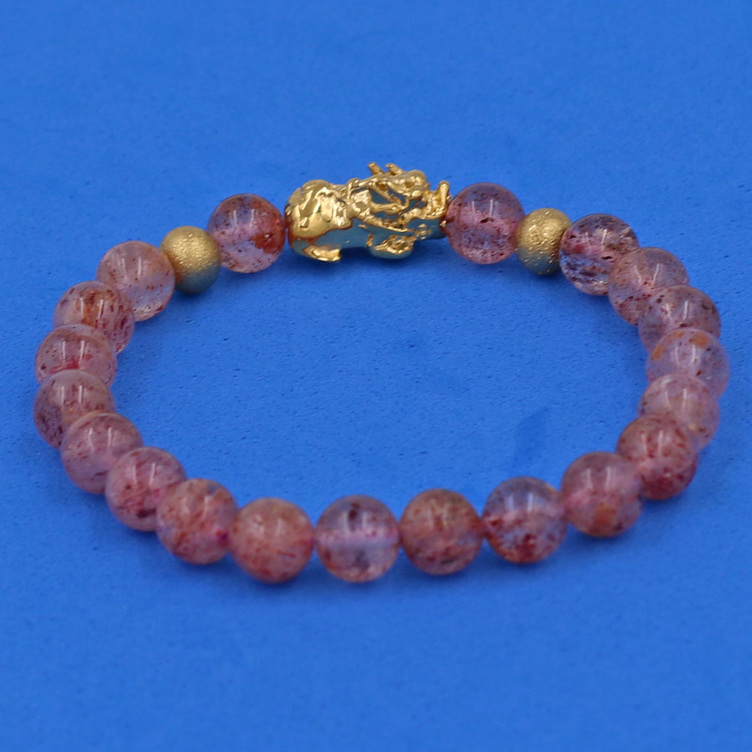 Vòng tay Thạch Anh Dâu Tây 6 ly cẩn Tỳ Hưu inox vàng VTADTTHHBV6 - hợp mệnh Hỏa, mệnh Thổ