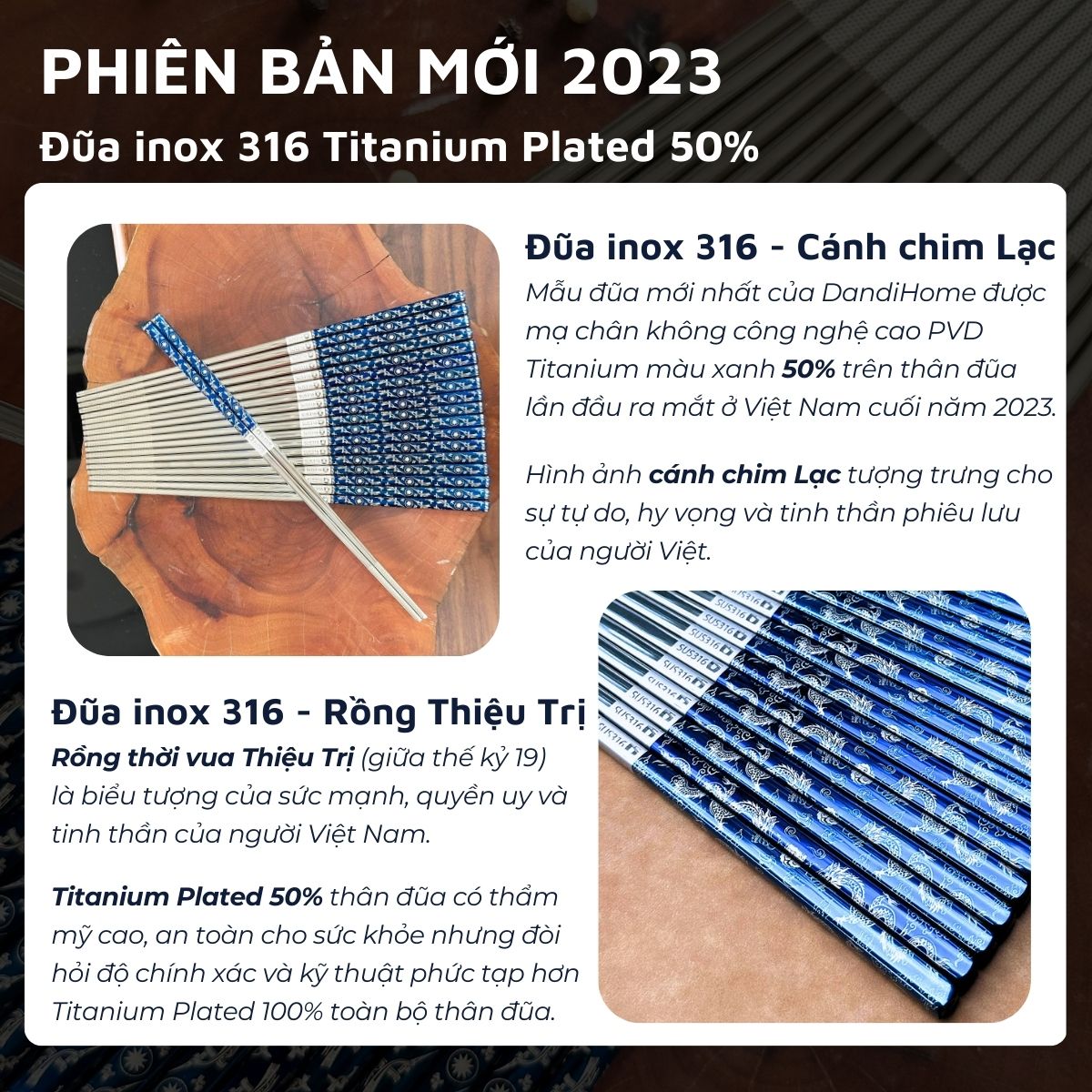 Bộ 10 đôi đũa inox 304 - 316 DandiHome 2020 chống trơn trượt, sang trọng, tinh tế
