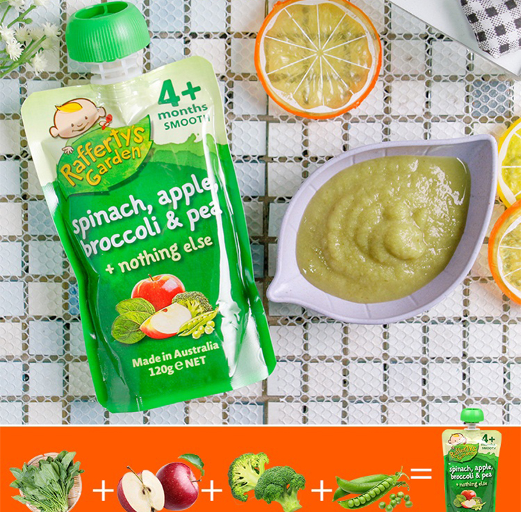 Dinh Dưỡng Xay Nhuyễn Rafferty'S Garden Rau Chân Vịt - Táo - Bông Cải Xanh - Đậu Hà Lan (120g)