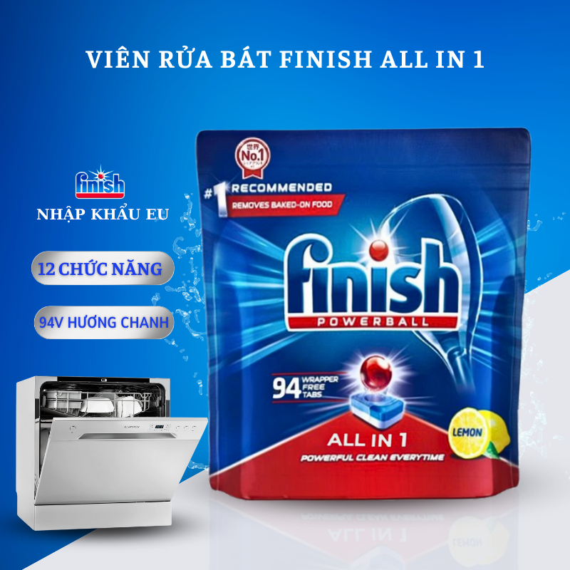 Túi 60 viên rửa chén Finish All In 1 Max Dishwasher Tablets Lemon Sparkle QT04585 - hương chanh
