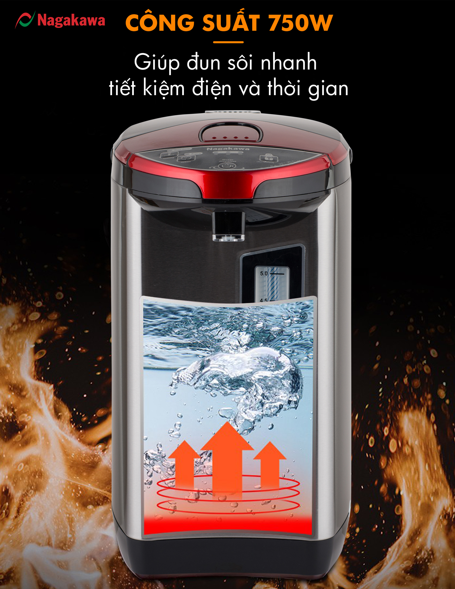 Bình Thủy Điện 3 Mức Nhiệt Nagakawa NAG0405 (5.0 Lít) - Hàng Chính Hãng