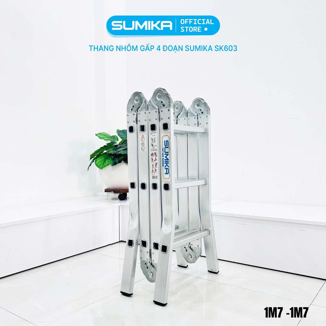 Thang nhôm gấp 4 đoạn SUMIKA SK603 (chữ A - 1.7m, chữ I - 3.4m), 14 tư thế sử dụng, tải trọng 150kg, làm từ hợp kim nhôm cao cấp, khóa chốt cao cấp và tự động, có đế cao su chống trượt