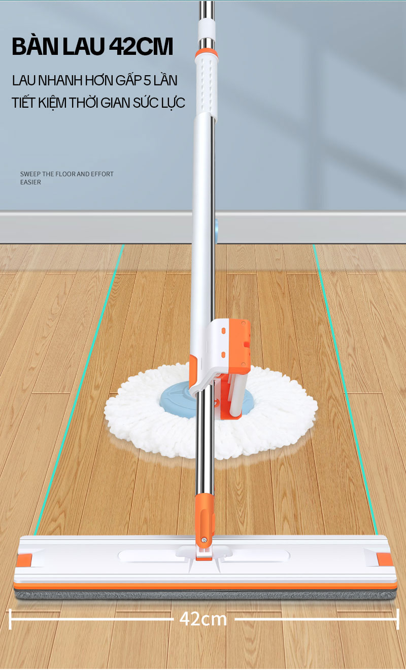 Cây Lau Nhà Tự Vắt KITIMOP WHITE 42CM, Chổi Lau Nhà Tự Vắt Thông Minh Xoay 360 Độ, Lau Sàn Làm Sạch
