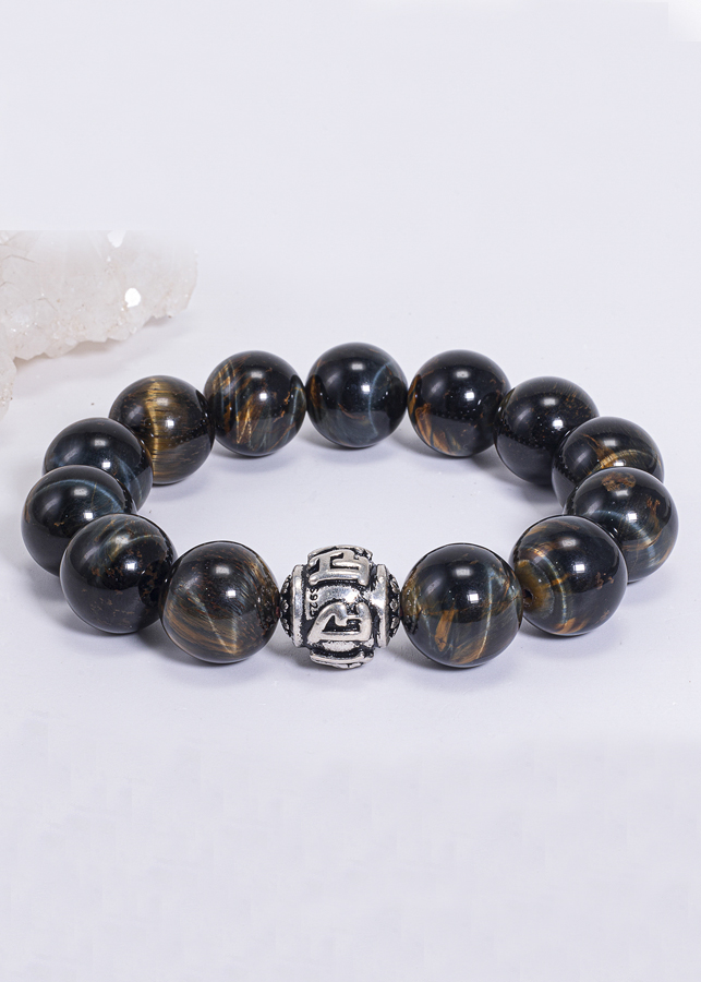 Vòng Tay Phong Thủy Nam Đá Mắt Hổ Xanh Đen Phối Charm Bạc (16mm) Mệnh Thủy, Mộc