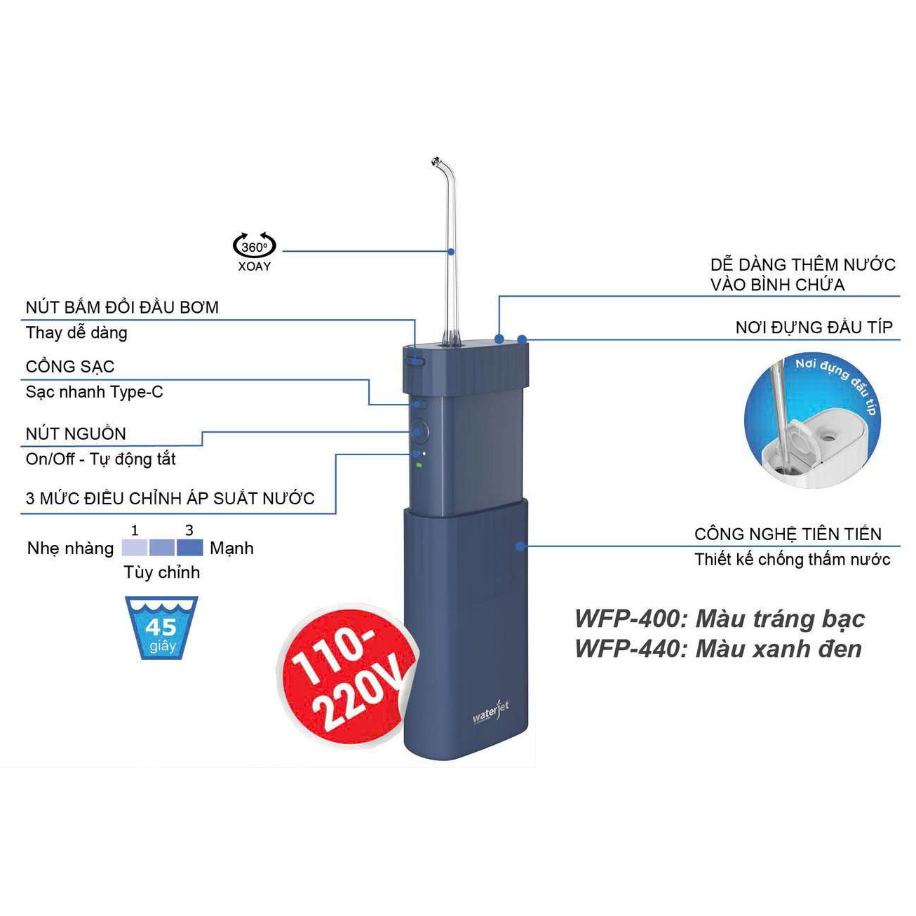 Máy tăm nước cá nhân không dây Waterjet Cordless Mini (4 đầu tăm,dùng được cho người niềng răng, răng sứ, có đầu cạo lưỡi)