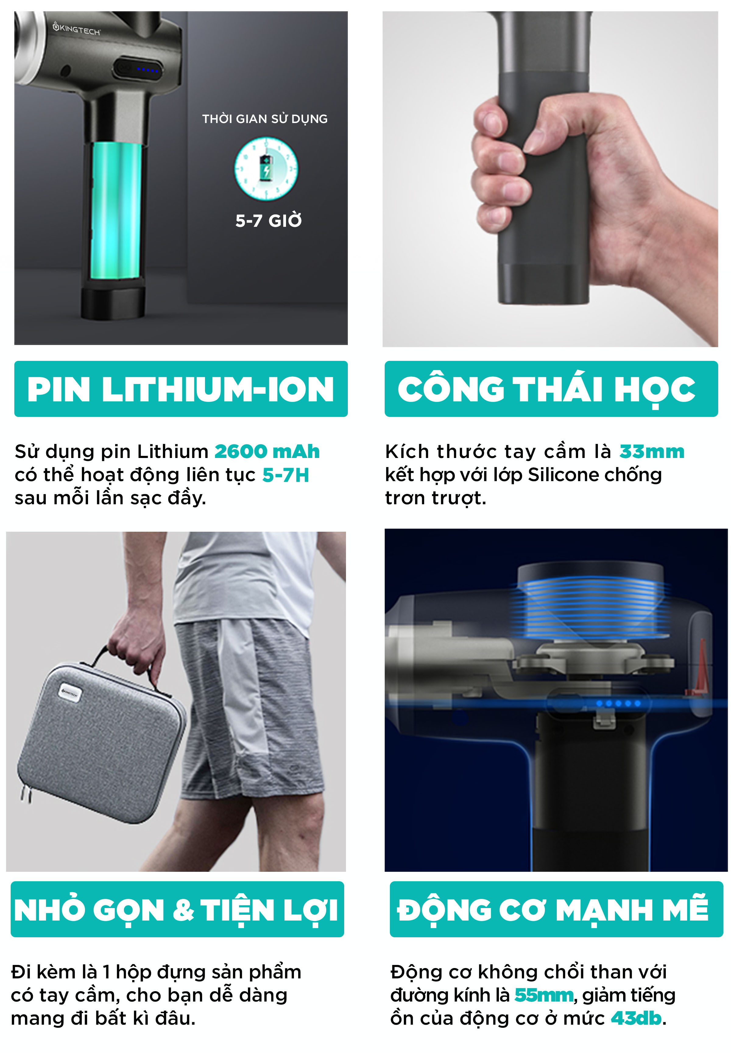 Súng Massage Cao Cấp KINGTECH MAX 1 - Máy Mát Xa Cầm Tay Dùng Động Cơ Không Chổi Than - Bản Nâng Cấp Cho Vận Động Viên, Gymer, Runner - Hỗ Trợ Mát Xa Chuyên Sâu, Thư Giãn, Giảm Đau, Phục Hồi Cơ Bắp - Quà Tặng Nam Nữ, Sếp, Doanh Nghiệp