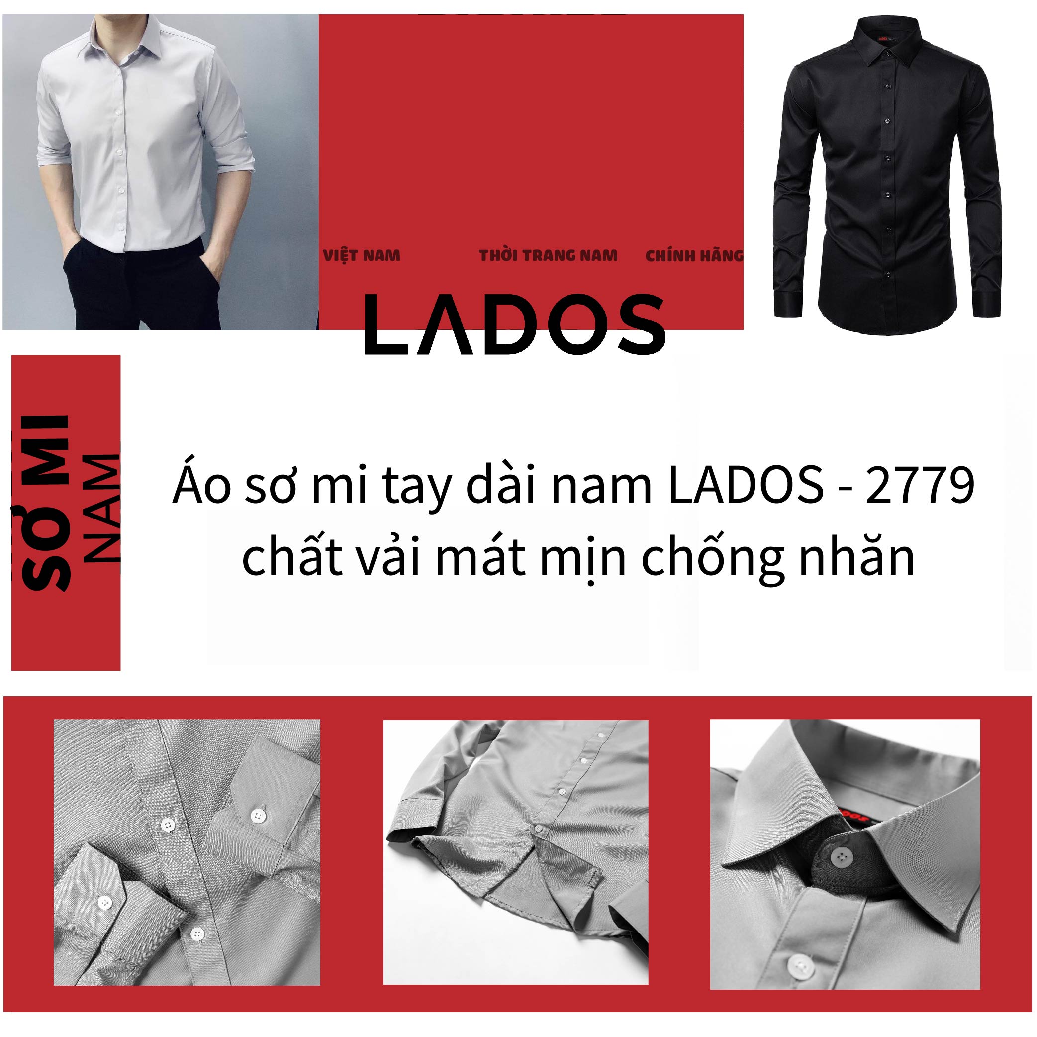 Áo sơ mi nam trơn tay dài cao cấp Lados - 779 chất kate lụa mềm mát, thấm hút mồ hôi