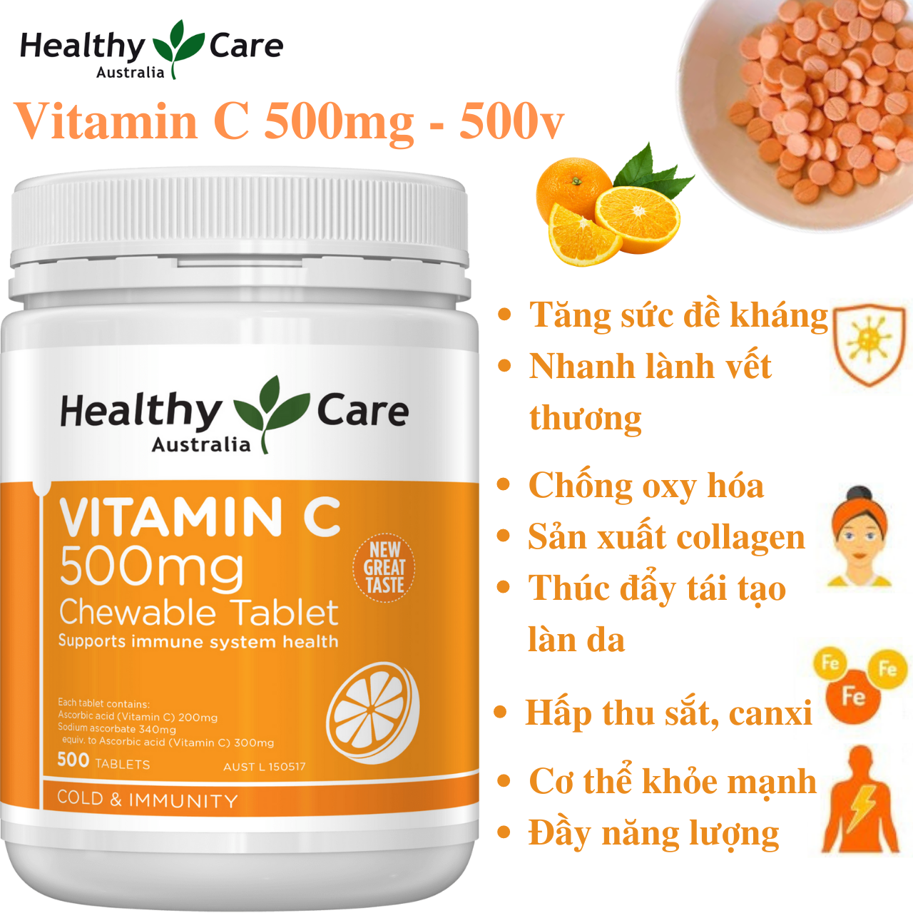 Vitamin C Úc Healthy Care Vitamin C 500mg Chewable