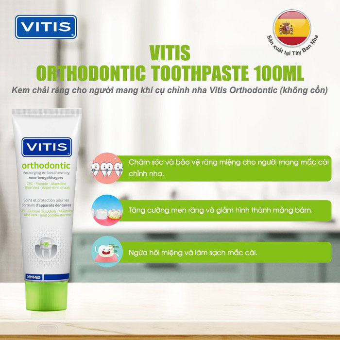 Kem đánh răng cho người chỉnh nha, niềng răng, mang khí cụ chỉnh nha Vitis Orthodontic 100ml - Nhập Khẩu Tây Ban Nha
