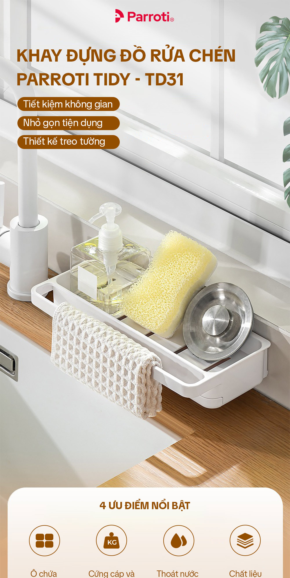 Giỏ đựng đồ rửa chén cao cấp, khay đựng miếng rửa bát, có khay chứa nước - Parroti Tidy - TD31