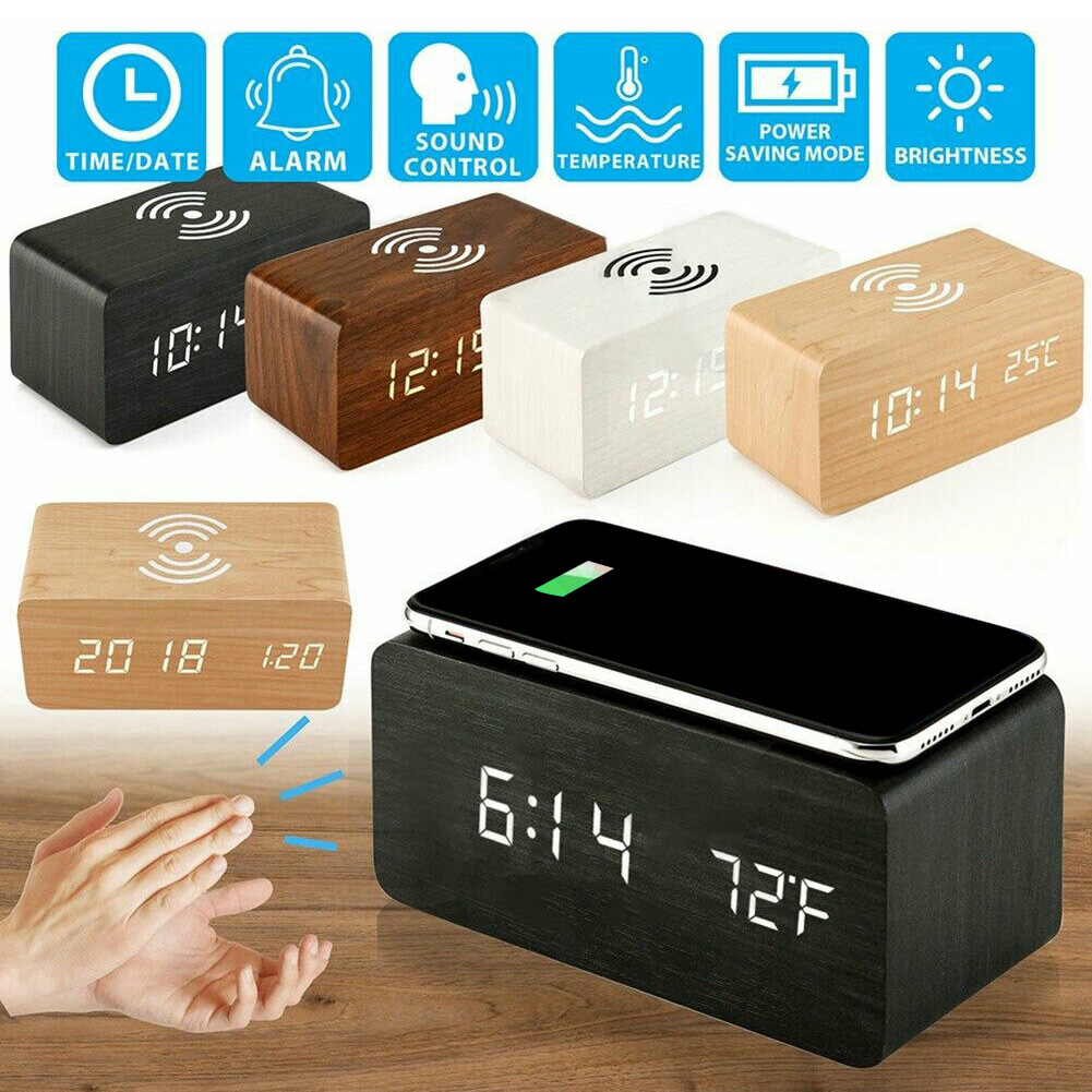 Đồng hồ để bàn giả gỗ LED CAO CẤP - Sạc không dây - Nhiệt kế - Báo thức - Cảm ứng âm thanh