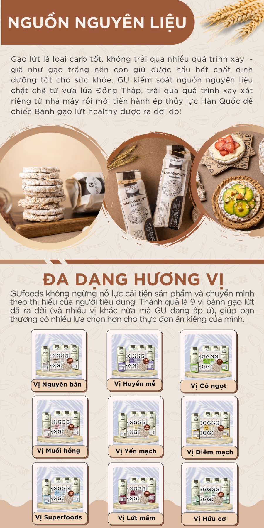 Bánh gạo lứt GUfoods (300g) - Không chiên dầu, Không đường, Từ gạo và ngũ cốc nguyên hạt, Lành mạnh, Phù hợp Eat clean, Ăn vặt healthy, Thực dưỡng, Tập gym, Thuần chay, Đa dạng hương vị