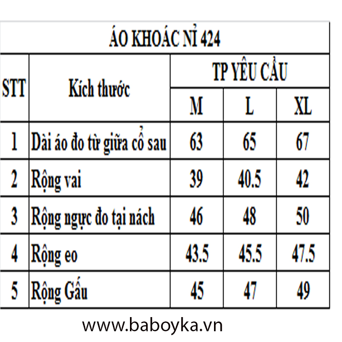 Thông số áo khoác nỉ baboyka