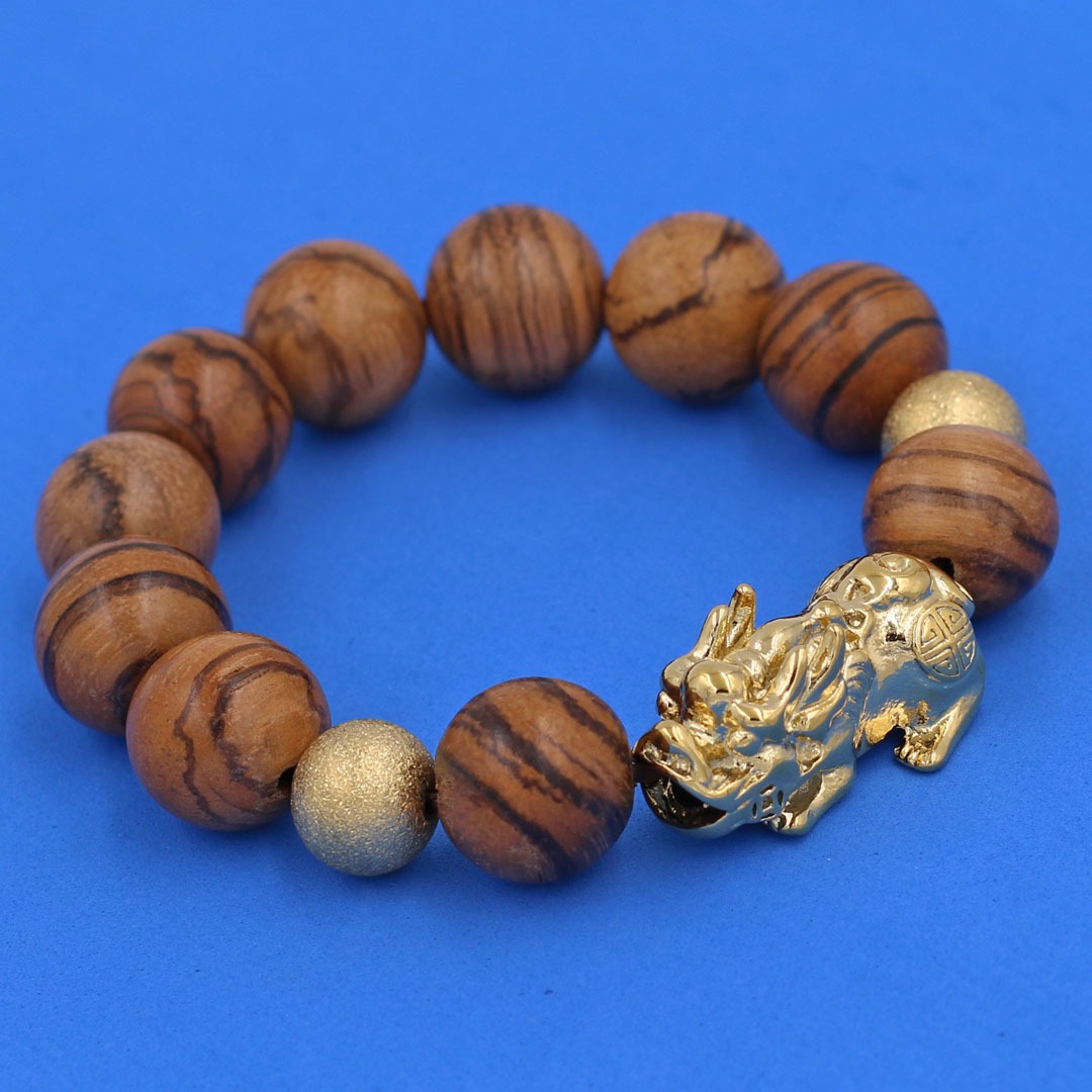 Chuỗi tay Gỗ Huỳnh Đàn 15 ly - Vòng tay Tỳ Hưu inox vàng VGHUDTHHBV15 - Vòng đeo tay size lớn, phù hợp cho nam