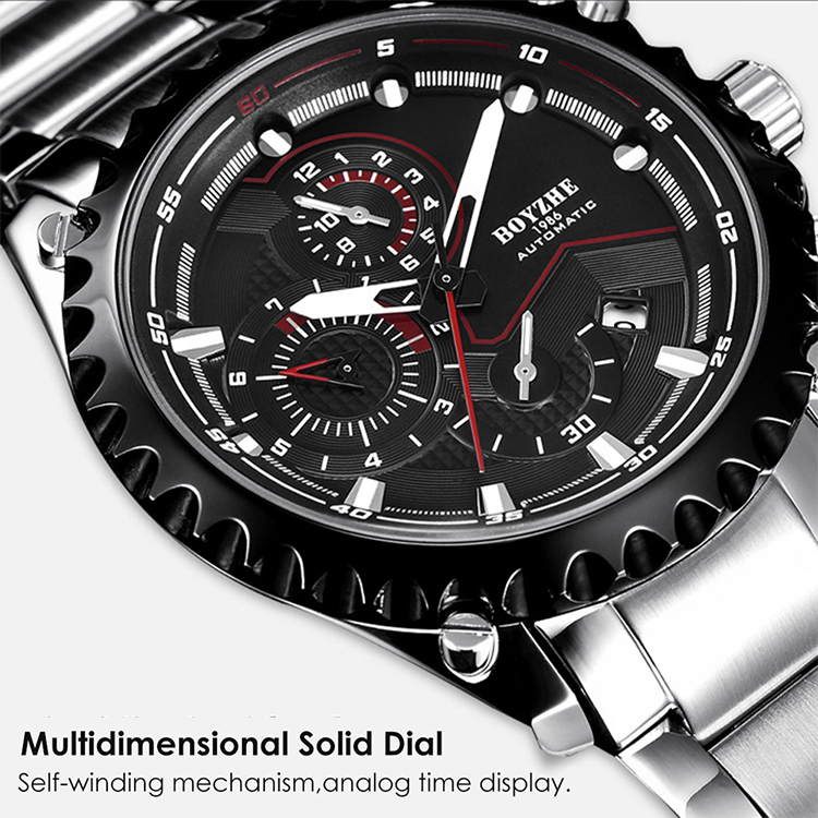 BOYZHE WL022-G Watch Brand Luminous Waterproof Business Full-automatic Mechanical Men Stainless Steel Wrist Watch with - sliver