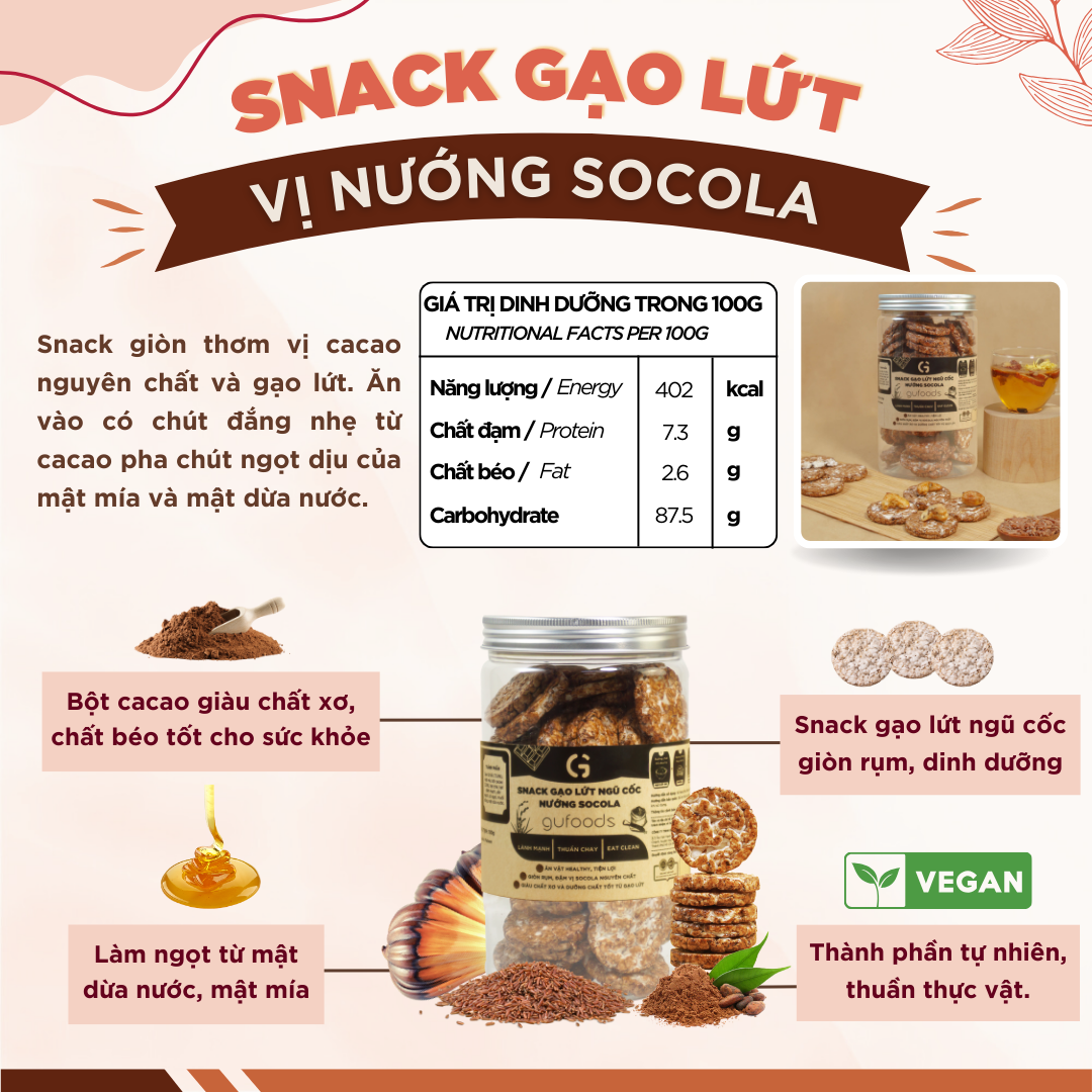 Snack gạo lứt ngũ cốc nguyên hạt GUfoods - Không chiên dầu, Đa dạng hương vị, Thanh đạm, Lành mạnh, Phù hợp Eat clean, Ăn vặt healthy, Tiện lợi, Thuần chay