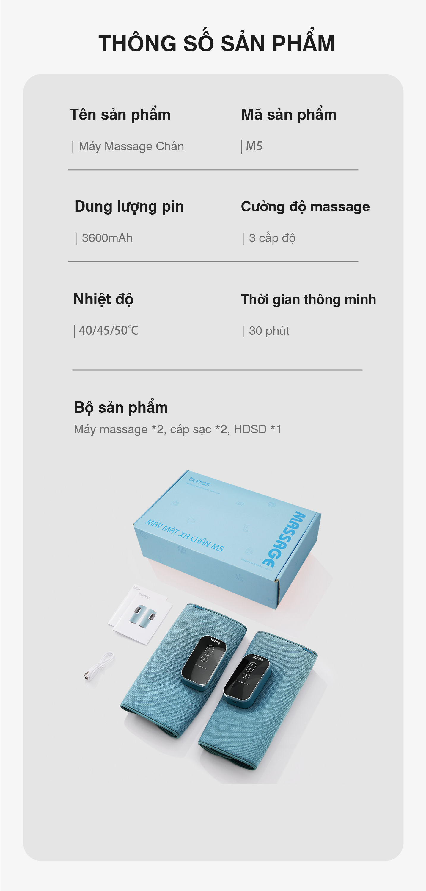 Máy Massage Chân BUMAS M5 - Chườm Nóng Massage Bắp Chân Bằng Khí Nén - Bấm Huyệt Mô Phỏng Bàn Tay Con Người - Hàng Chính Hãng