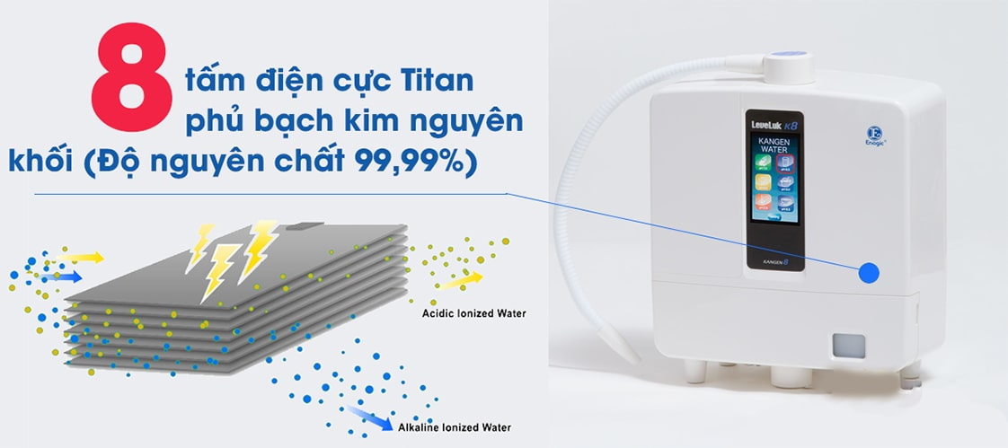 Máy điện giải Kangen - Enagic LeveLuk K8 sở hữu 8 tấm điện cực Titan phủ Platinum giúp tạo nước ion kiềm giàu Hydro