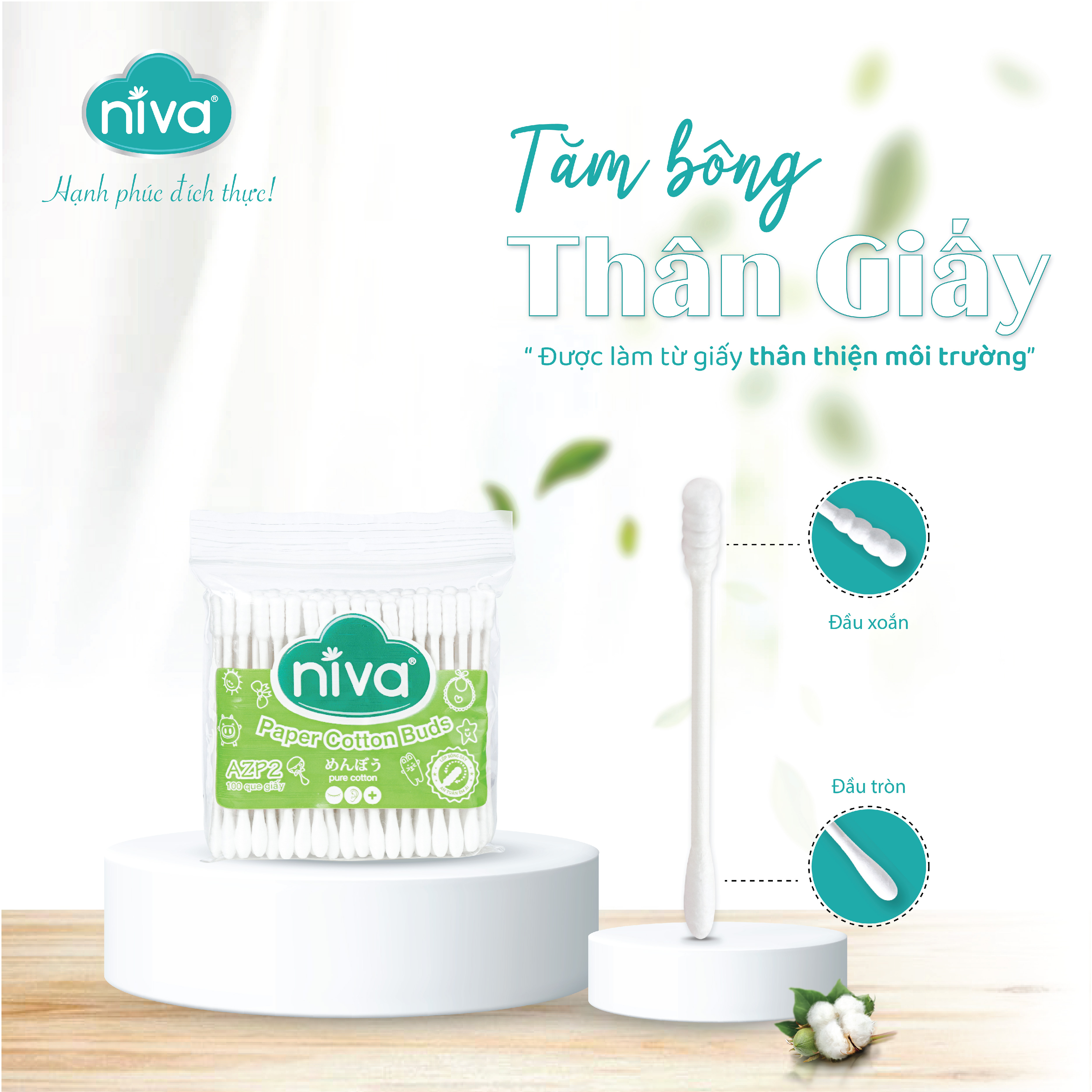 Combo 03 Tăm Bông Niva Túi 100 Que Thân Giấy AZP2 Đa Năng Chuyên Dùng Ngoáy Tai, Vệ Sinh, Trang Điểm, Thân Thiện Môi Trường