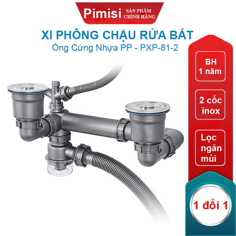Bộ Xi Phông Xả Thải Bồn Rửa Chén Bát 2 Hố Phi 110-140 Pimisi Cao Cấp - Loại Ống Thải Nhựa Cứng Không Đọng Nước - Cốc Inox 304, Lọc Rác, Bầu Chống Mùi Hôi Và Giảm Dầu Mỡ Ống Dẫn - Có Thoát Tràn | Hàng Chính Hãng