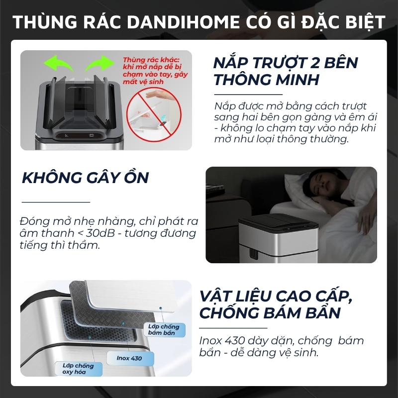 Thùng rác thông minh cảm ứng tự động đóng mở DandiHome - Tặng pin AA
