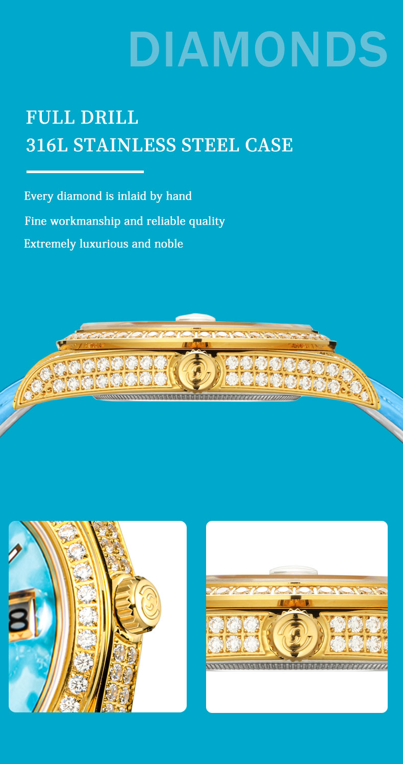 【START】Đồng hồ nam đá ngọc lam tự nhiên（Turquoise）đồng hồ kim cương chức năng hiển thị thứ ngày  đồng hồ cơ tự động dây da cá sấu Khóa bướm