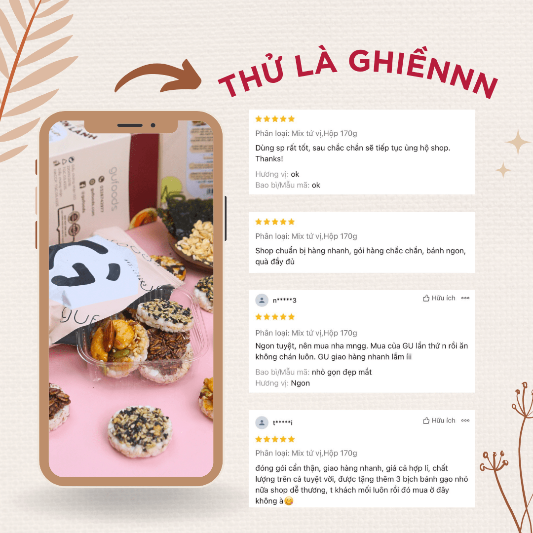 Snack gạo lứt ngũ cốc nguyên hạt GUfoods - Không chiên dầu, Đa dạng hương vị, Thanh đạm, Lành mạnh, Phù hợp Eat clean, Ăn vặt healthy, Tiện lợi, Thuần chay
