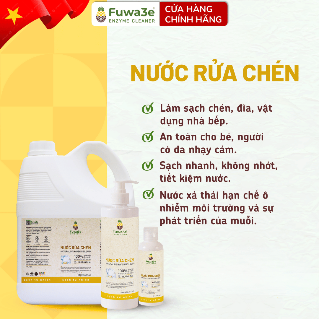 Nước rửa chén ăn dặm enzyme sinh học từ vỏ dứa Fuwa3e 500ml/ 100ml- sạch nhanh, an toàn cho da