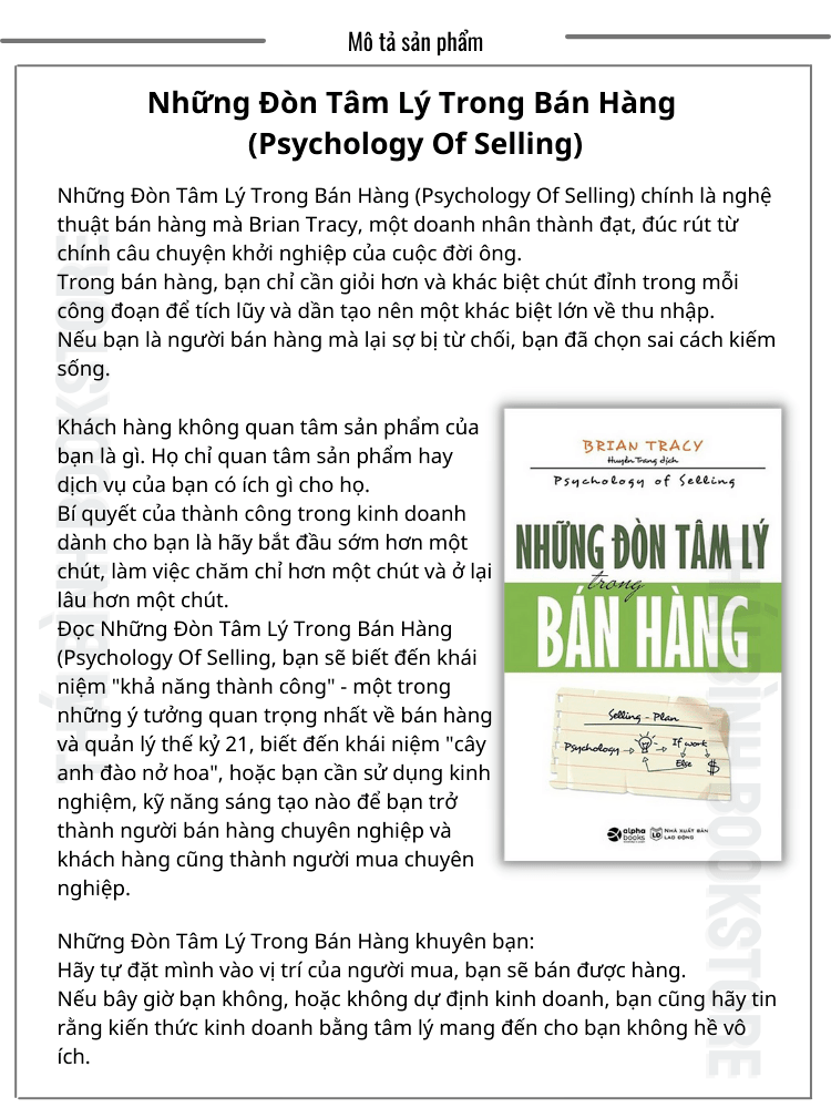 Sách - Những Đòn Tâm Lý Trong Bán Hàng (Psychology Of Selling) - Brian Tracy - Thái Bình Bookstore