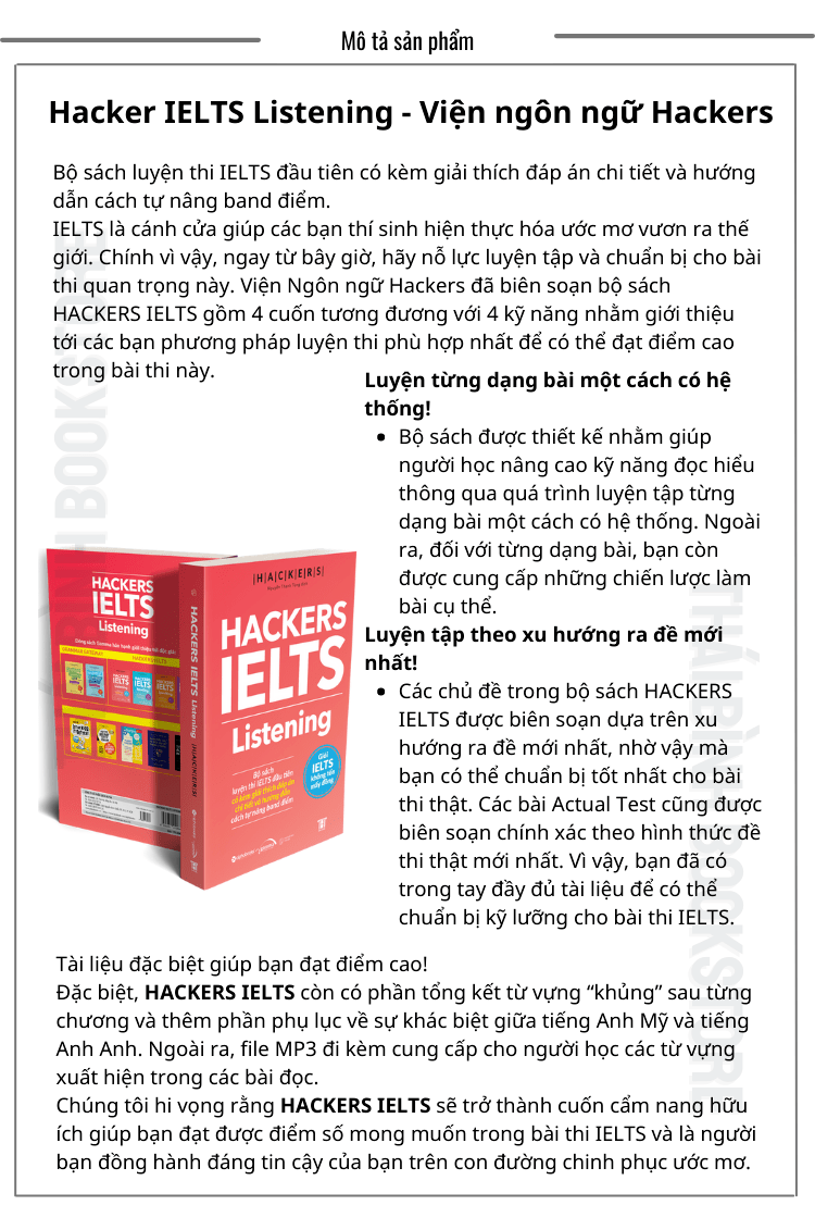Sách - Hackers Ielts: Listening - Viện ngôn ngữ Hackers - Thái Bình Bookstore