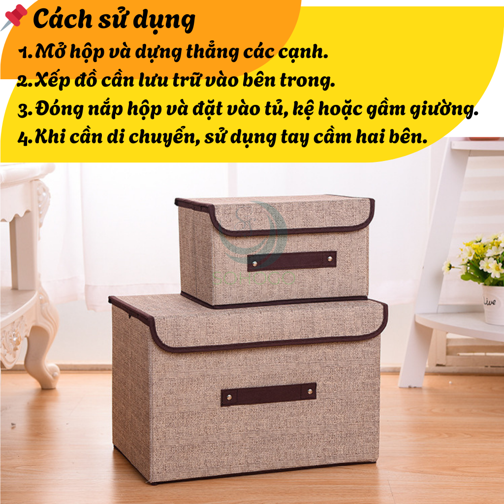 Bộ 2 Hộp vải đựng đồ có nắp tiện lợi- Thùng vải gấp gọn lưu trữ đa năng- Hộp vải đựng quần áo- Thùng chứa đồ gia đình bằng vải canvas- Hộp đựng đồ nội thất gọn gang- Hộp đựng đồ chơi/trang phục có tay cầm