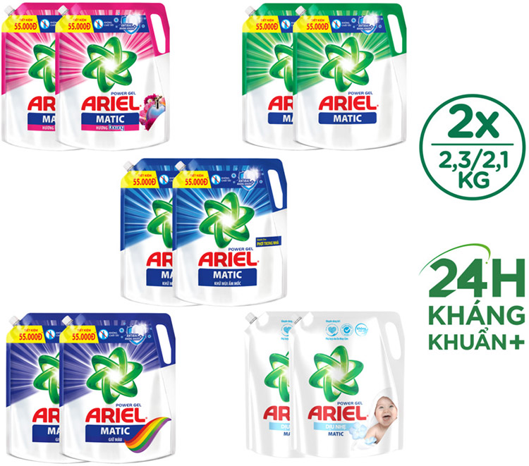 Combo 2 Nước Giặt Ariel Matic Giữ Màu (2.15Kg / Túi)