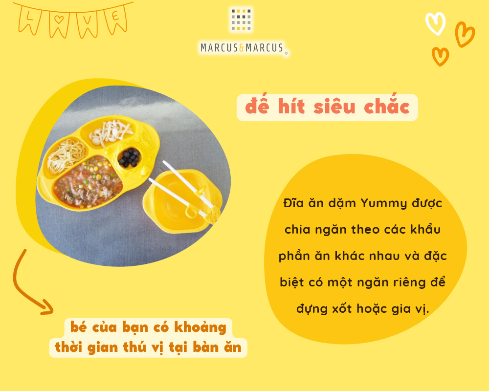 Đĩa ăn dặm silicon chia ngăn có đế hút chân không chống đổ Yummy Marcus & Marcus, cho bé từ 18 tháng