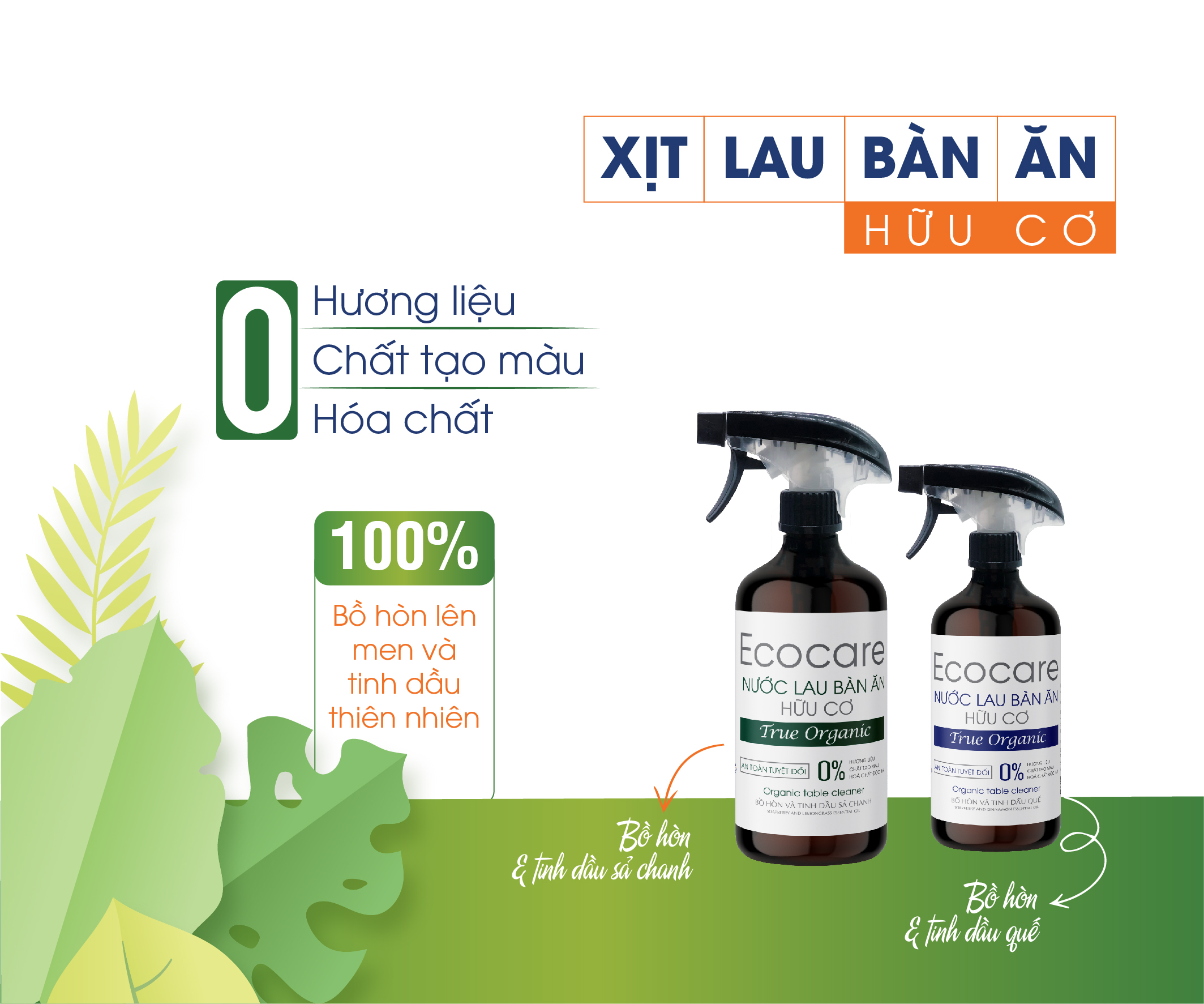 Xịt lau bàn ăn hữu cơ Bồ hòn tinh dầu Sả Chanh dung tích 500ml thương hiệu Ecocare