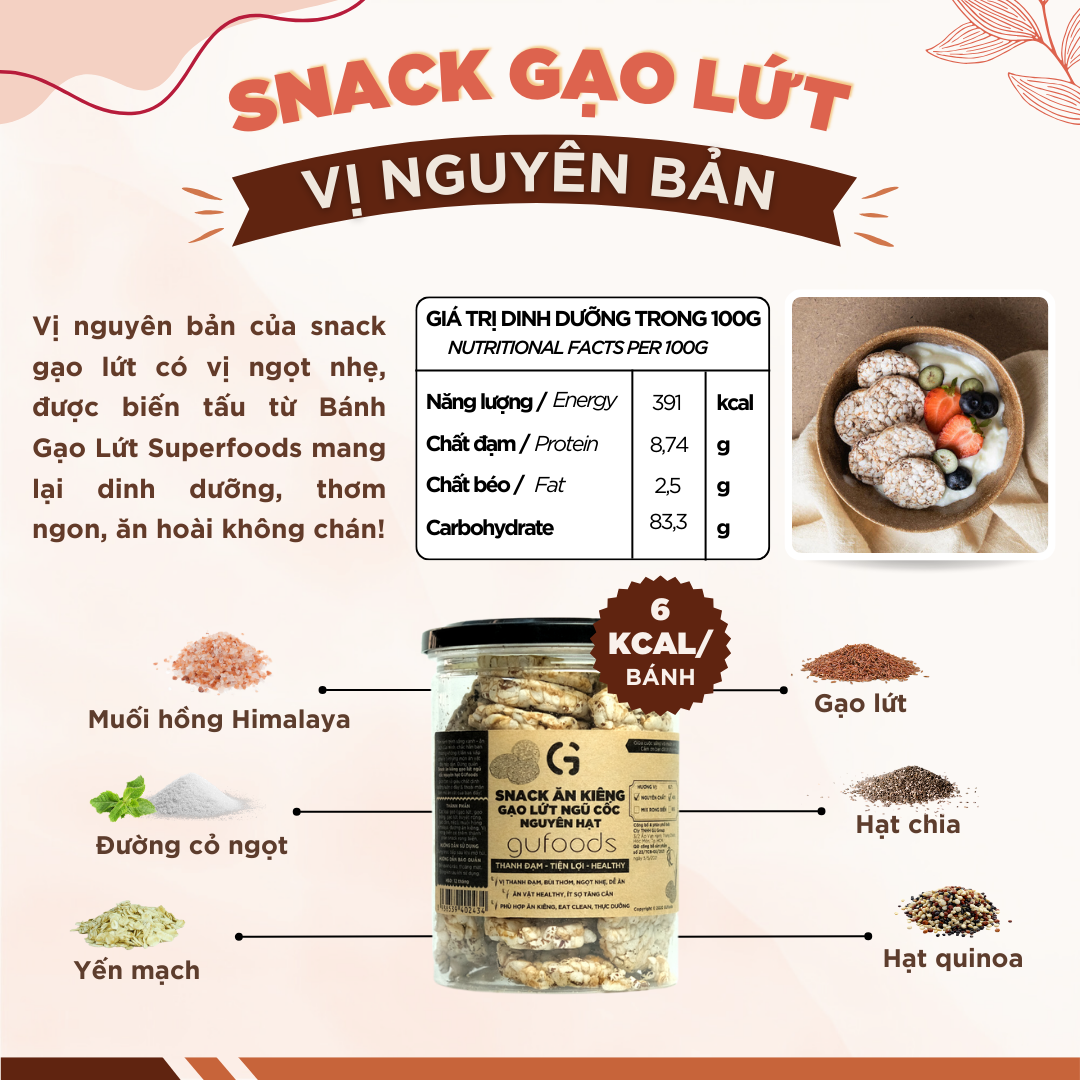 Snack gạo lứt phủ macca GUfoods - Topping siêu hạt, Giòn rụm, Thơm bùi, Giàu dinh dưỡng, Healthy, Eat clean, Thuần chay