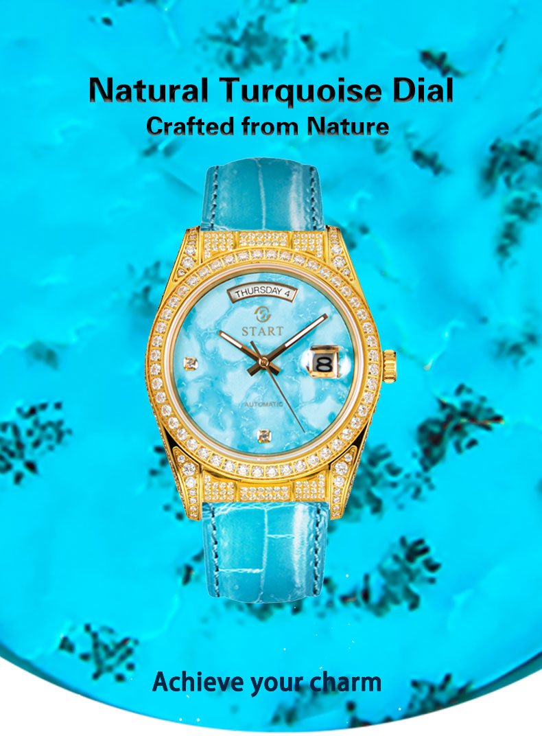 【START】Đồng hồ nam đá ngọc lam tự nhiên（Turquoise）đồng hồ kim cương chức năng hiển thị thứ ngày  đồng hồ cơ tự động dây da cá sấu Khóa bướm
